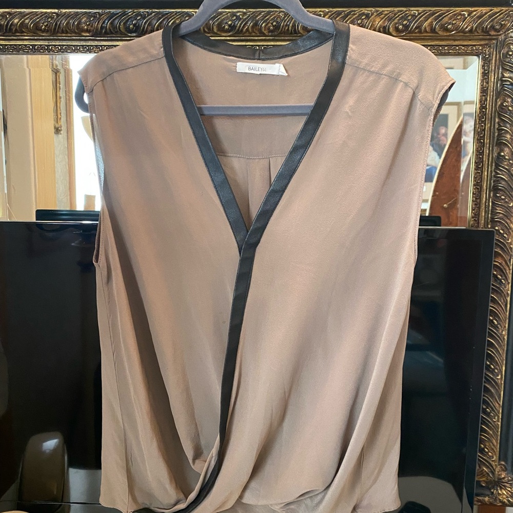 Bailey 44 Tan V-Neck Blouse with Black Trim